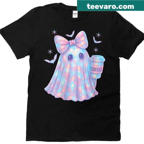 Kawaii ghost design with a pink bow on a women's T-shirt.