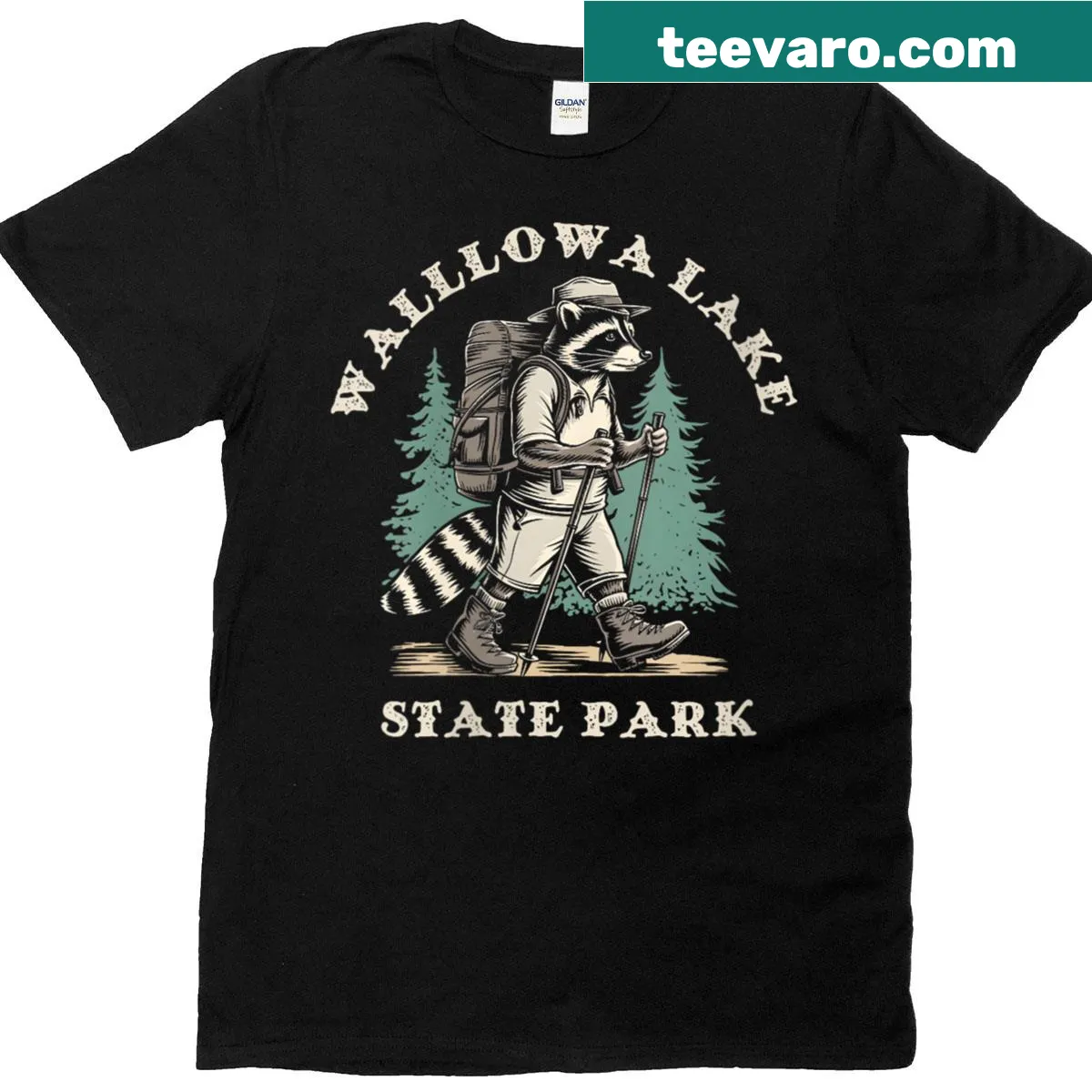 Illustration of a raccoon at Wallowa Lake State Park on a women's t-shirt — on a men's t-shirt