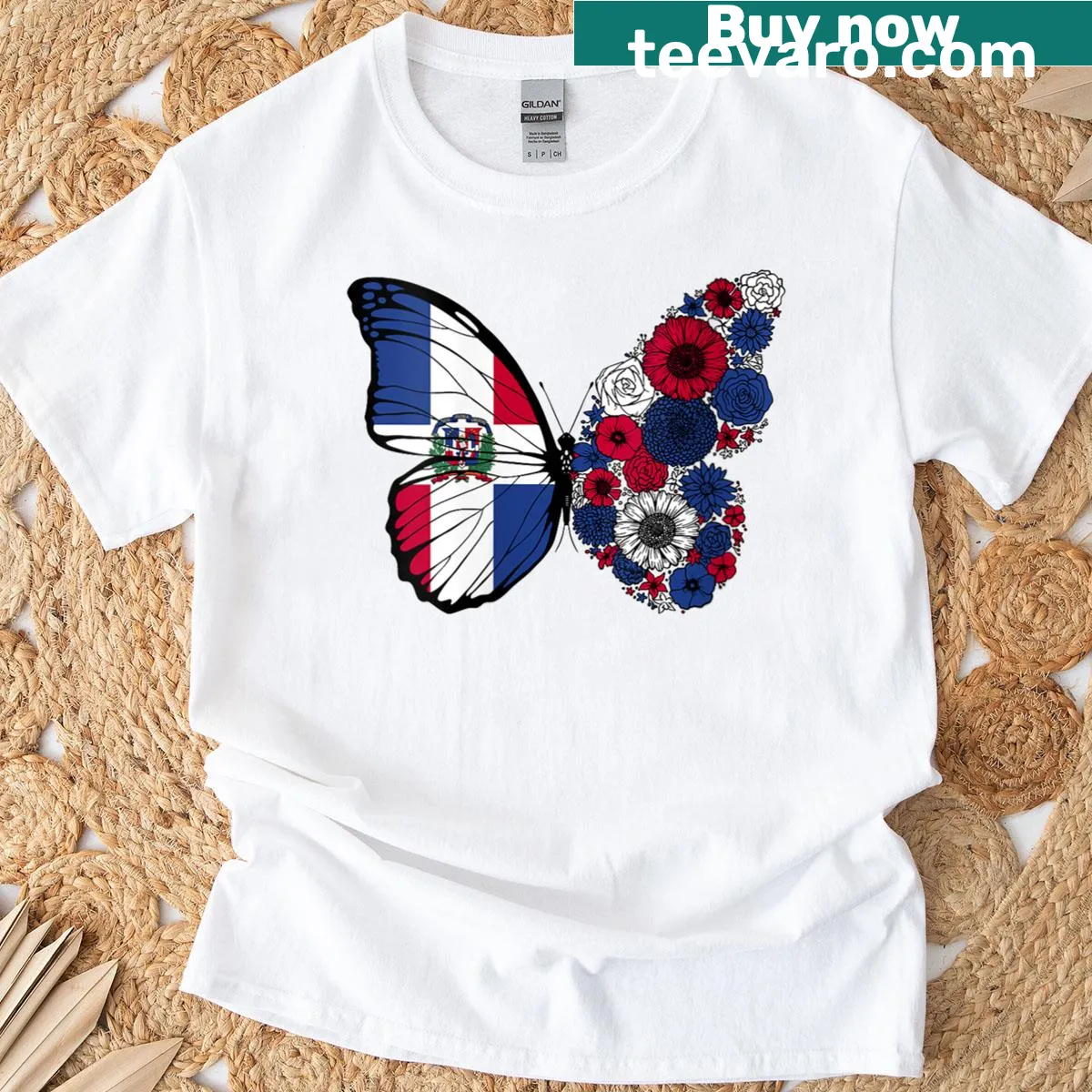 T-shirt with Dominican flag and butterfly design — on a men's t-shirt