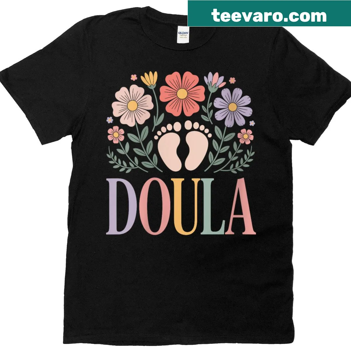 Illustrative design honoring doulas and midwives with supportive imagery — on a men's t-shirt