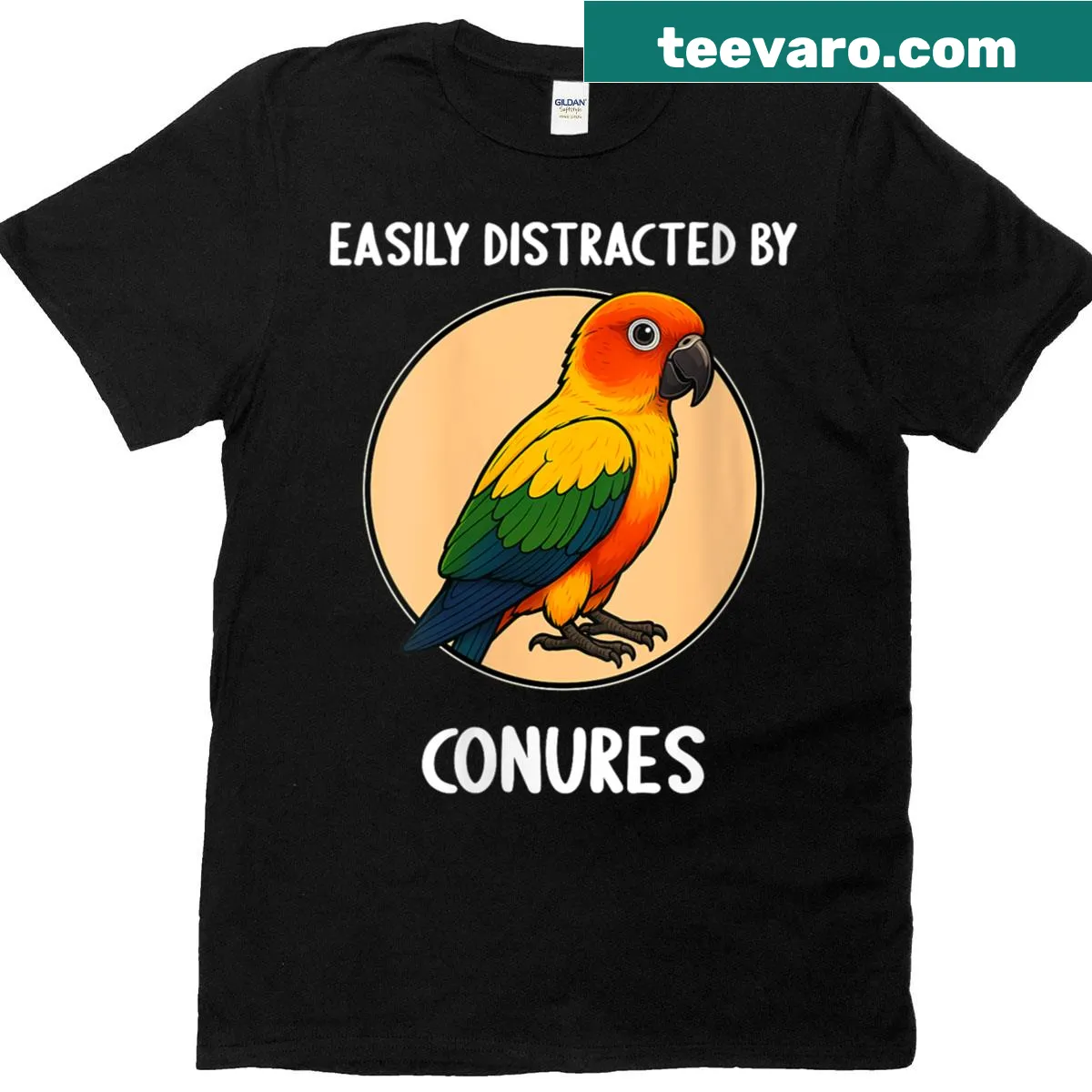 Funny conure-themed t-shirt for bird lovers — on a men's t-shirt