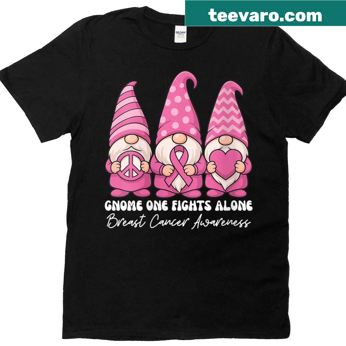 Illustrated gnome t-shirt for breast cancer awareness — on a men's t-shirt