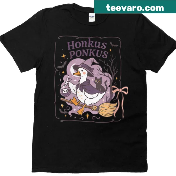 Funny Halloween t-shirt with cartoon witch goose making potions