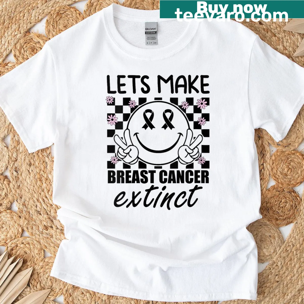 Illustrated smiley face promoting breast cancer awareness on t-shirt — on a men's t-shirt