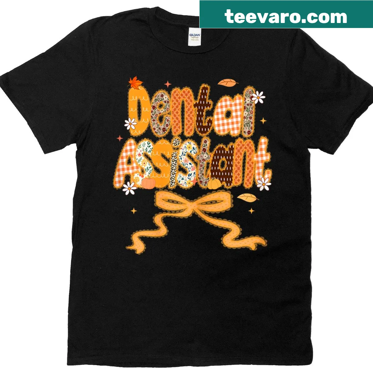 Thanksgiving-themed T-shirt for dental assistants with a coquette bow illustration — on a men's t-shirt