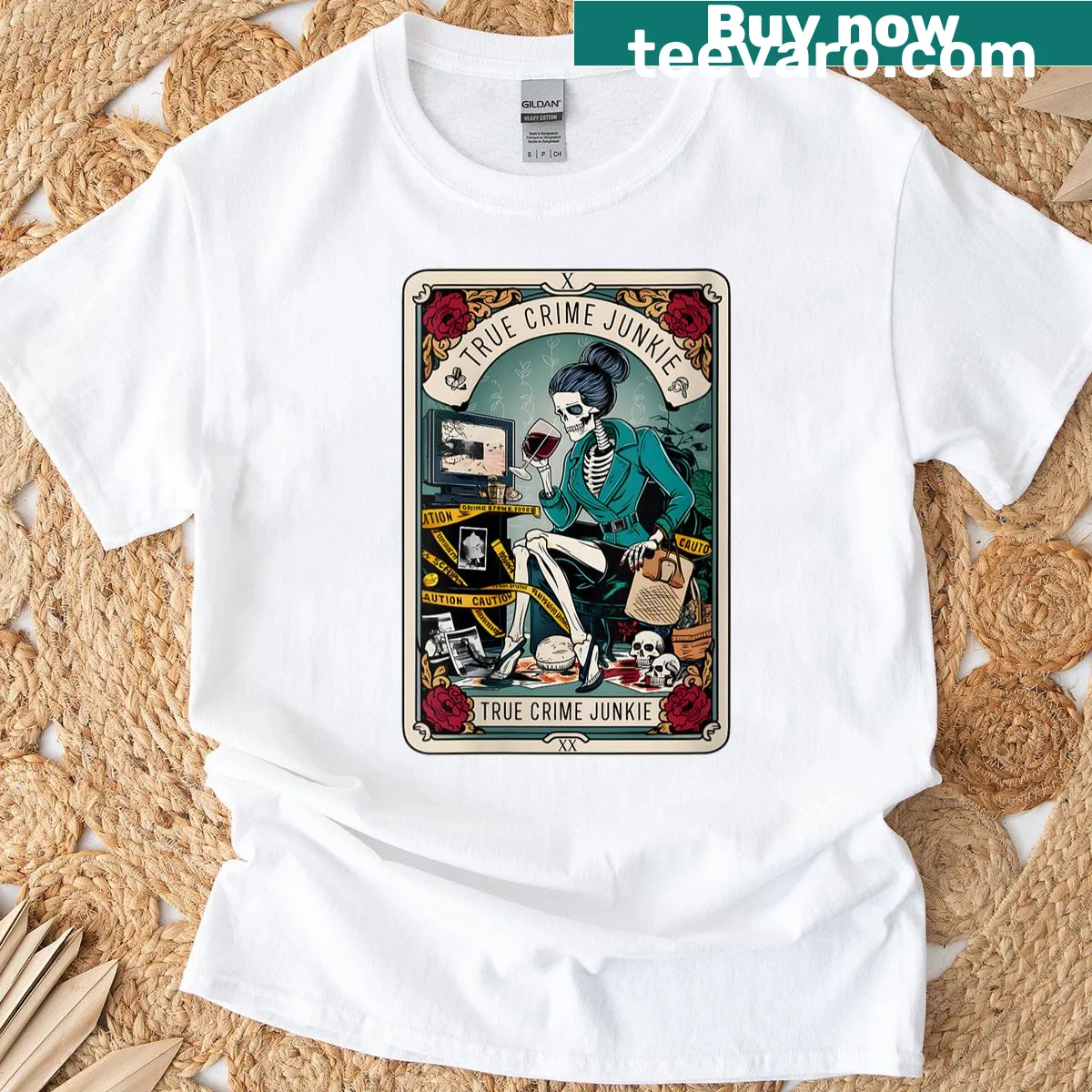 Funny true crime and tarot card skeleton t-shirt for women — on a men's t-shirt