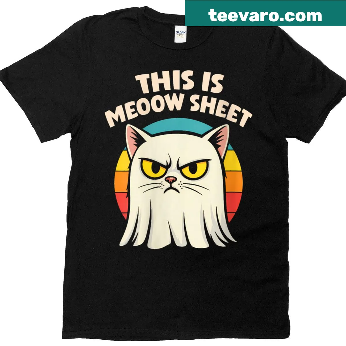 Funny ghost cat Halloween T-shirt with pumpkin graphic — on a men's t-shirt