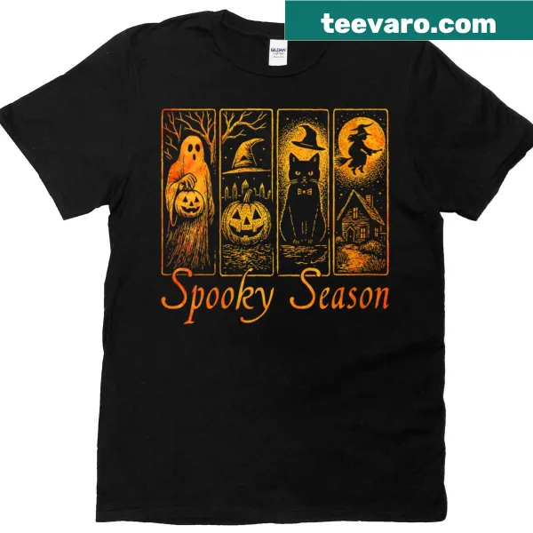 Vintage Halloween t-shirt with ghost, pumpkin, and witch designs.