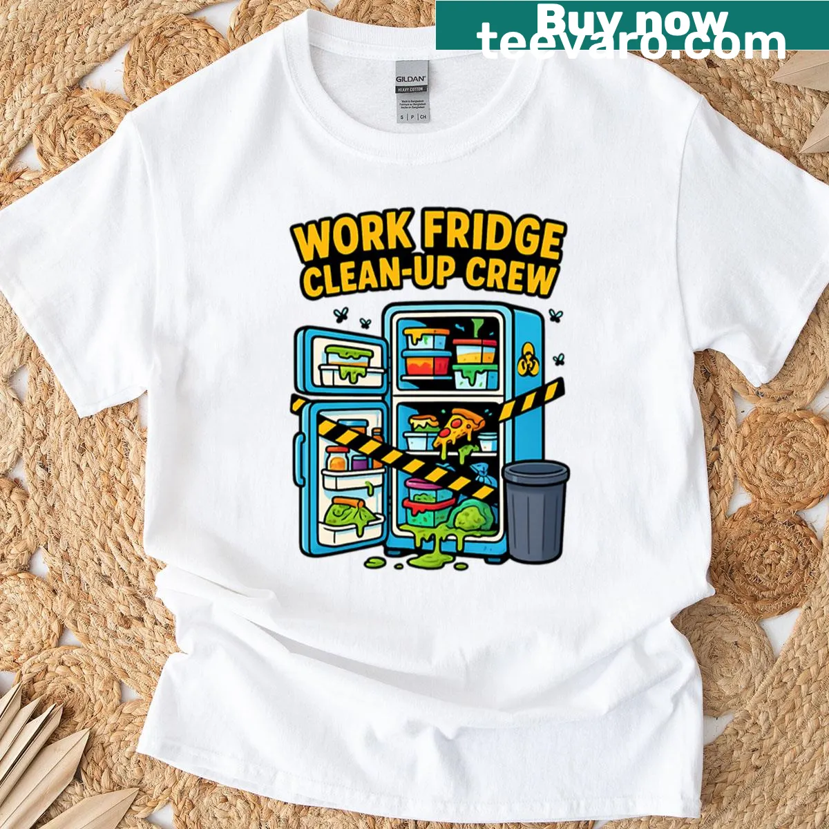 Cartoon graphic of a fridge cleanup crew on a T-shirt — on a men's t-shirt