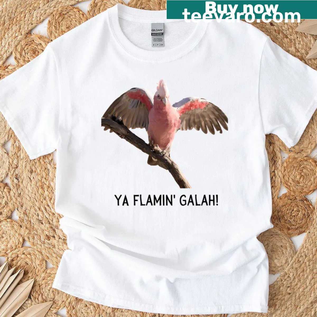 T-shirt featuring a playful design of a pink and grey Galah — on a men's t-shirt