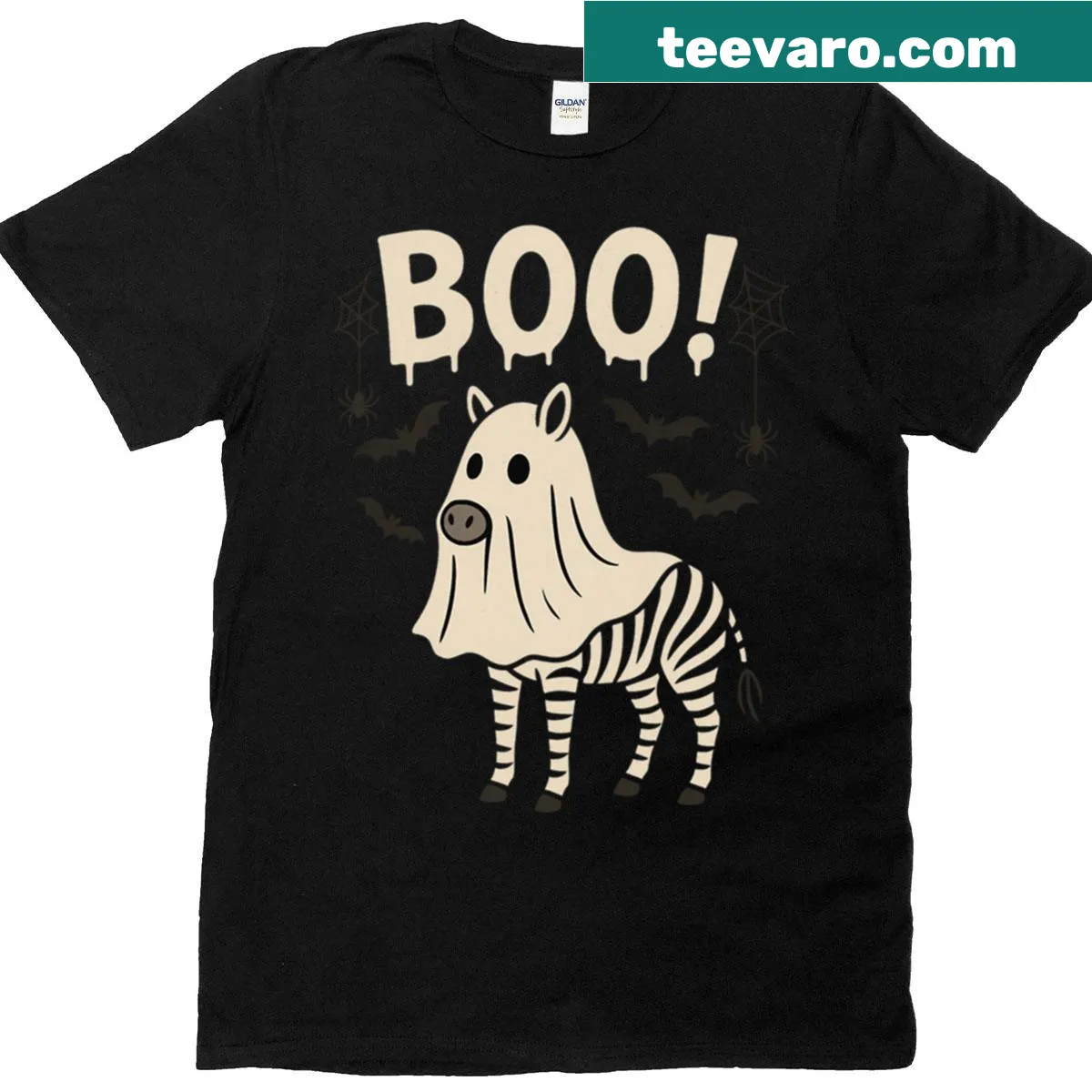 Funny Halloween shirt with a zebra cartoon saying 'Boo!' — on a men's t-shirt