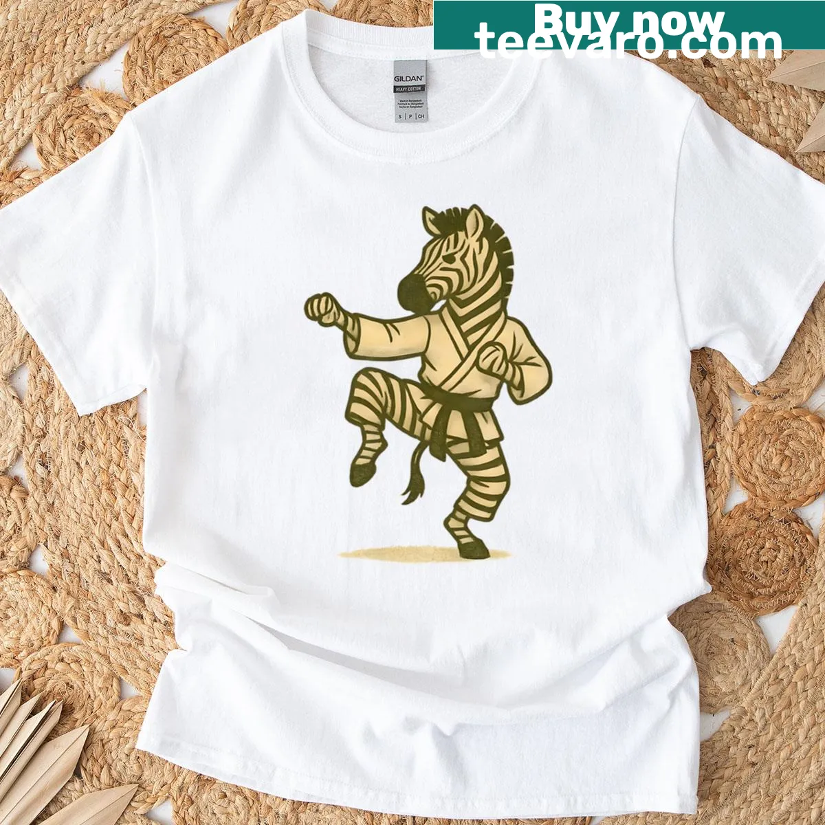 Illustration of a zebra in a kung fu pose on a t-shirt — on a men's t-shirt