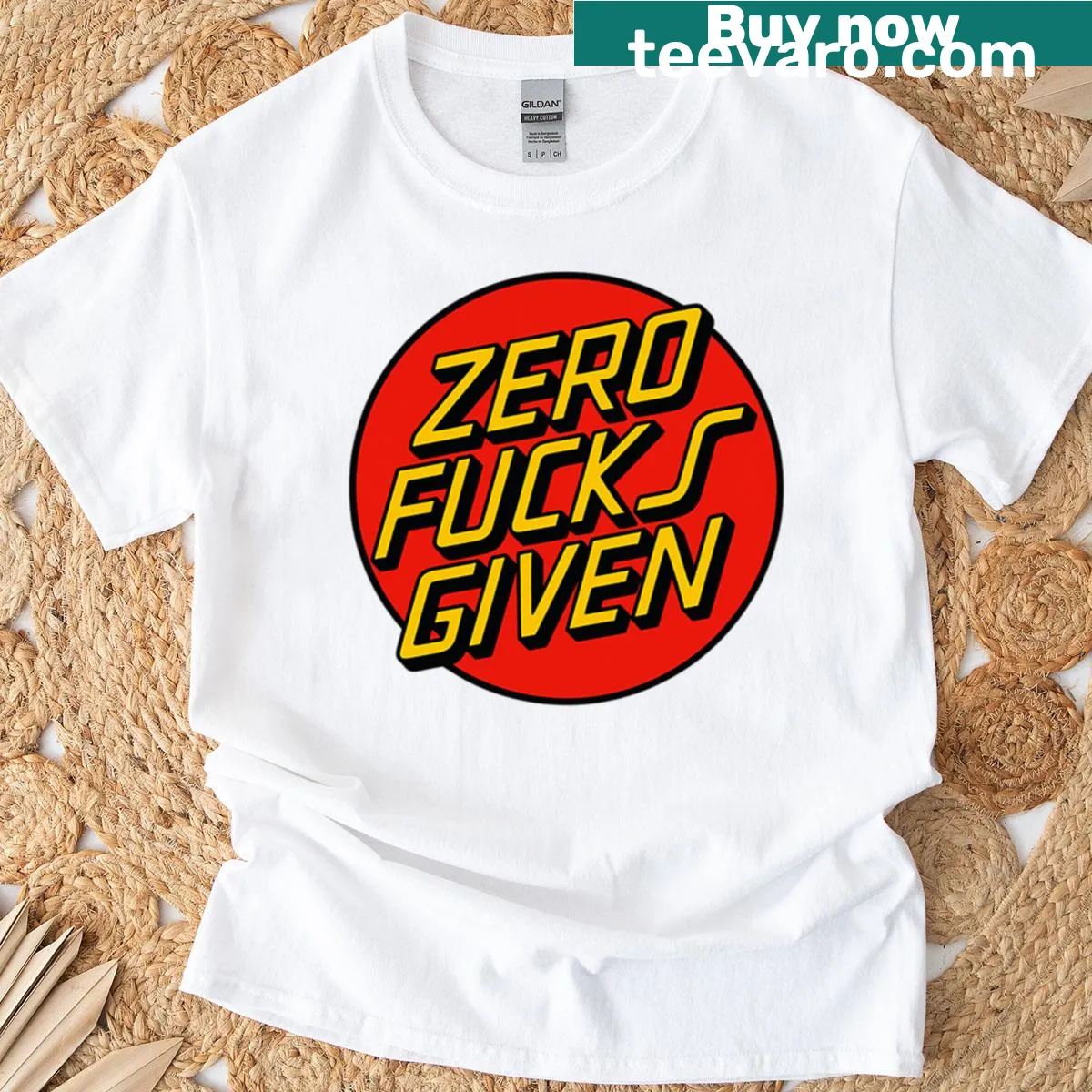Bold parody logo T-shirt with 'Zero Fs Given' text in playful design. — on a men's t-shirt