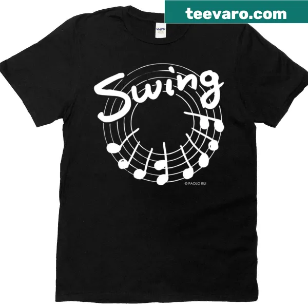 Playful swing music design with bold notes on a t-shirt