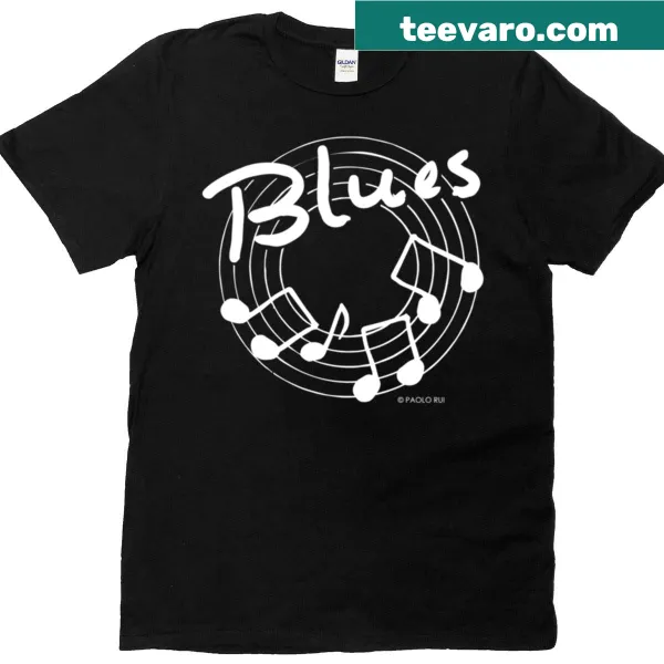 Artistic blues music-themed T-shirt with soulful illustrations.