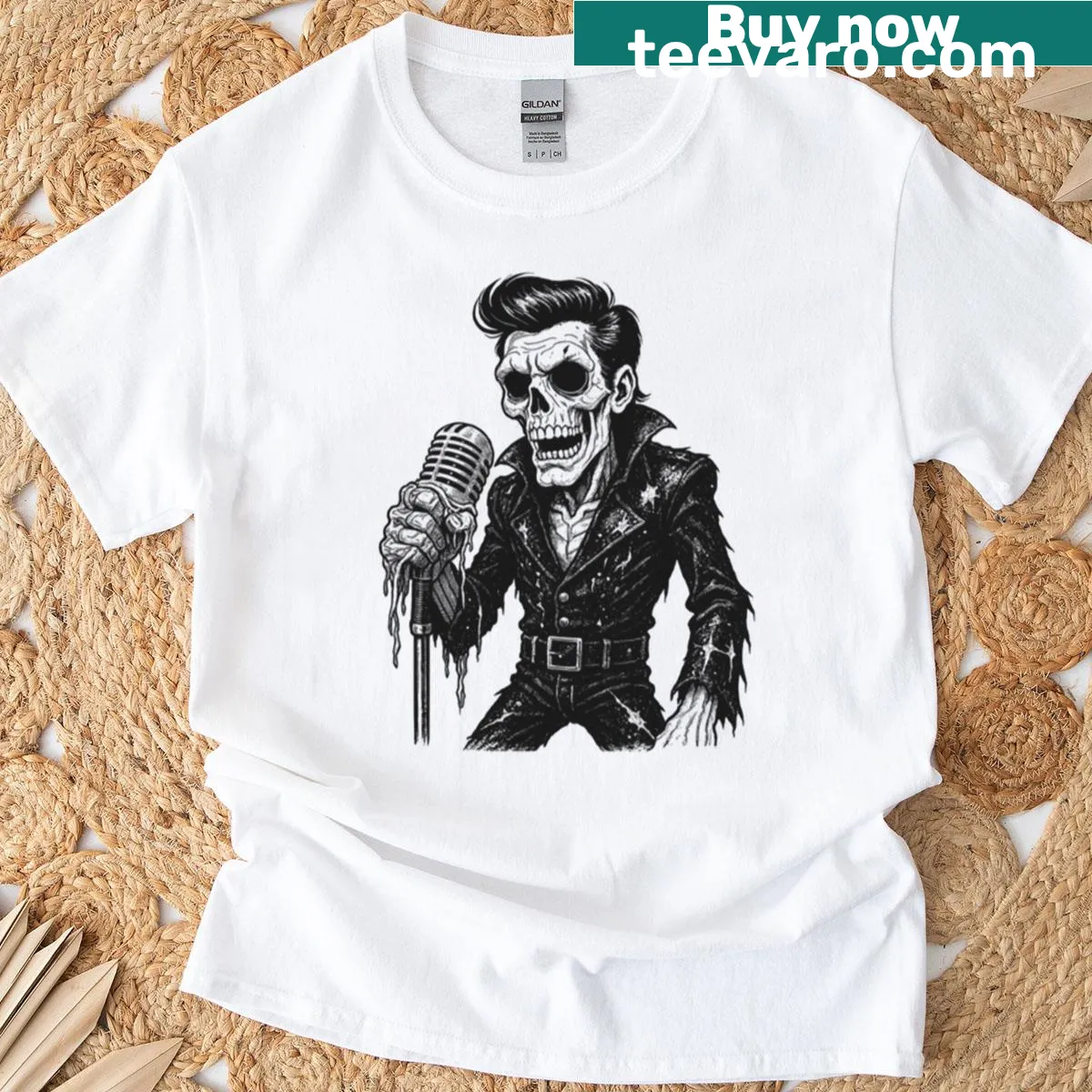 Oversized T-shirt featuring a zombie Elvis design — on a men's t-shirt