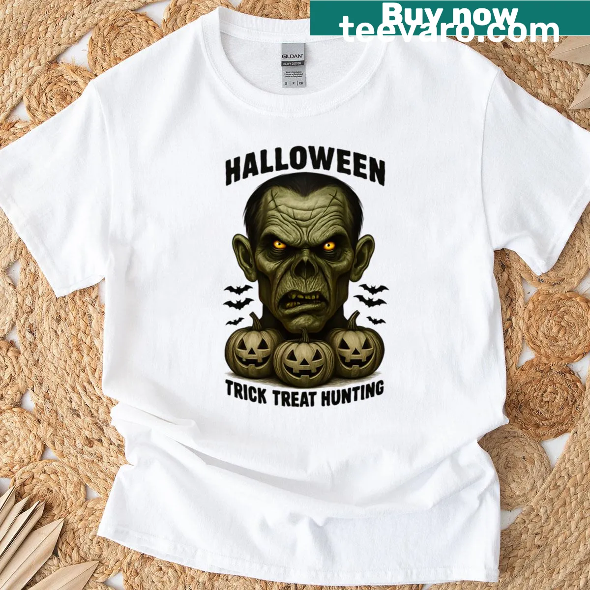Humorous zombie holding a candy bag for Halloween — on a men's t-shirt