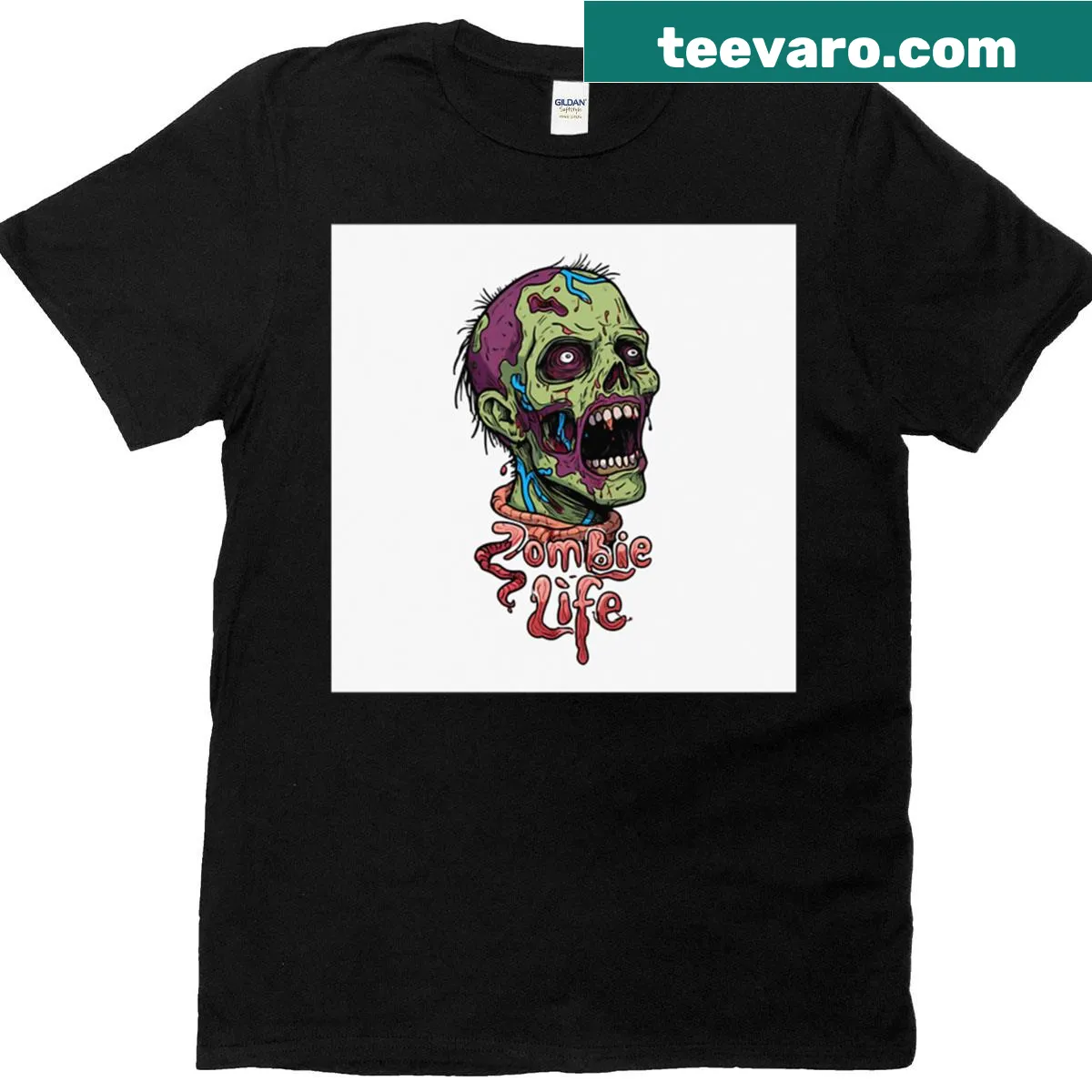 Zombie head graphic T-shirt perfect for horror fans. — on a men's t-shirt