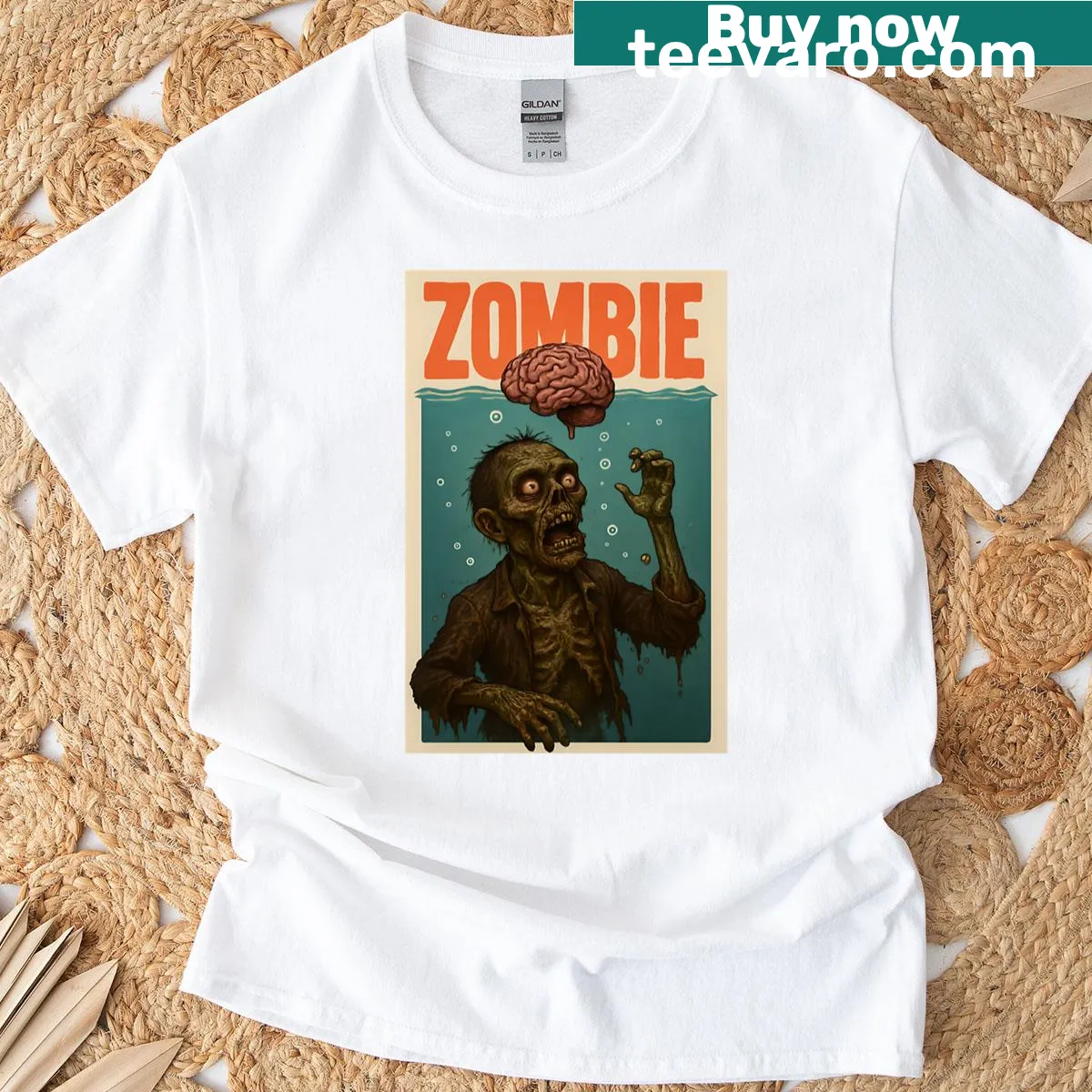 Underwater zombie brain hunt graphic t-shirt — on a men's t-shirt