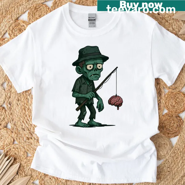 T-shirt featuring a zombie with a fishing rod