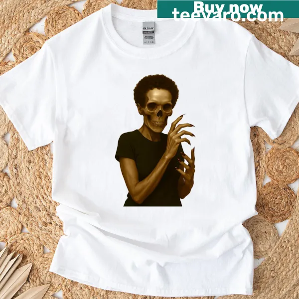 Cartoonish zombie with curly hair featured on a playful T-shirt design.