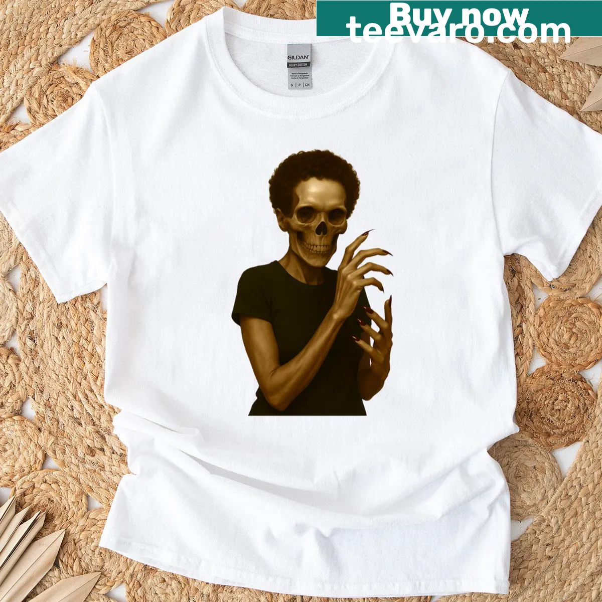Cartoonish zombie with curly hair featured on a playful T-shirt design. — on a men's t-shirt