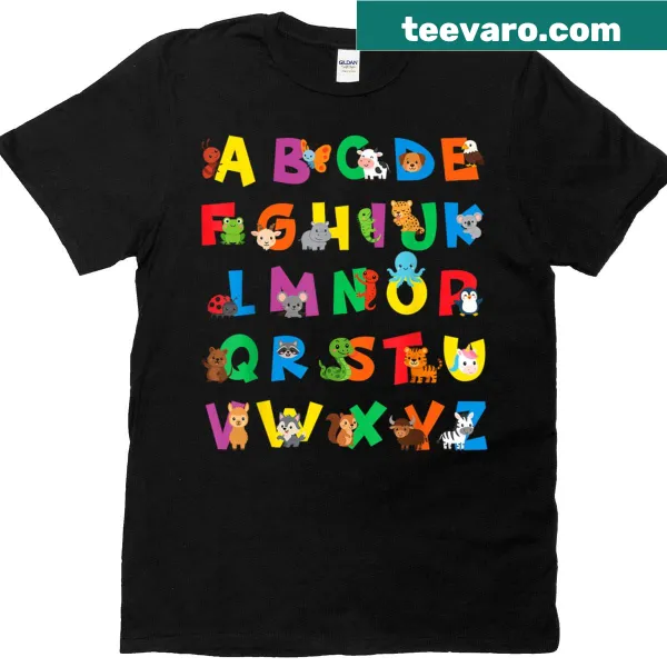 Alphabet learning T-shirt featuring zoo animals for kids and teachers.