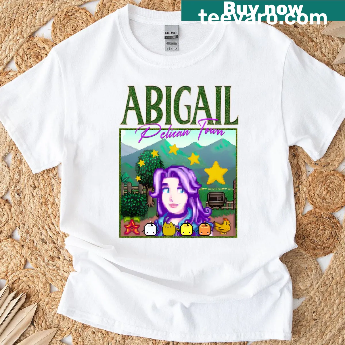 Vintage pixel art t-shirt featuring Abigail from Pelican Town — on a men's t-shirt