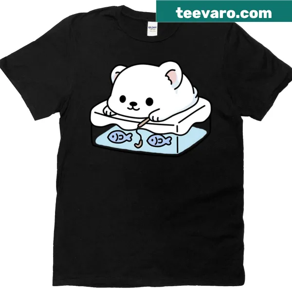 Kawaii polar bear fishing illustrated on a t-shirt for kids