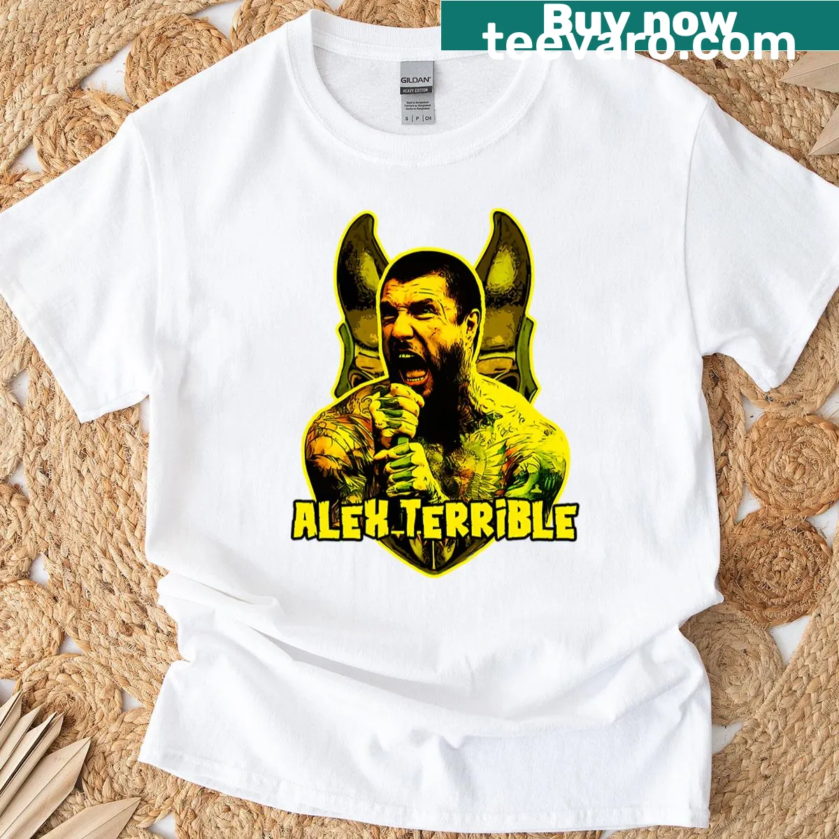 Typographic design T-shirt featuring Alex Terrible, a Russian metal artist. — on a men's t-shirt