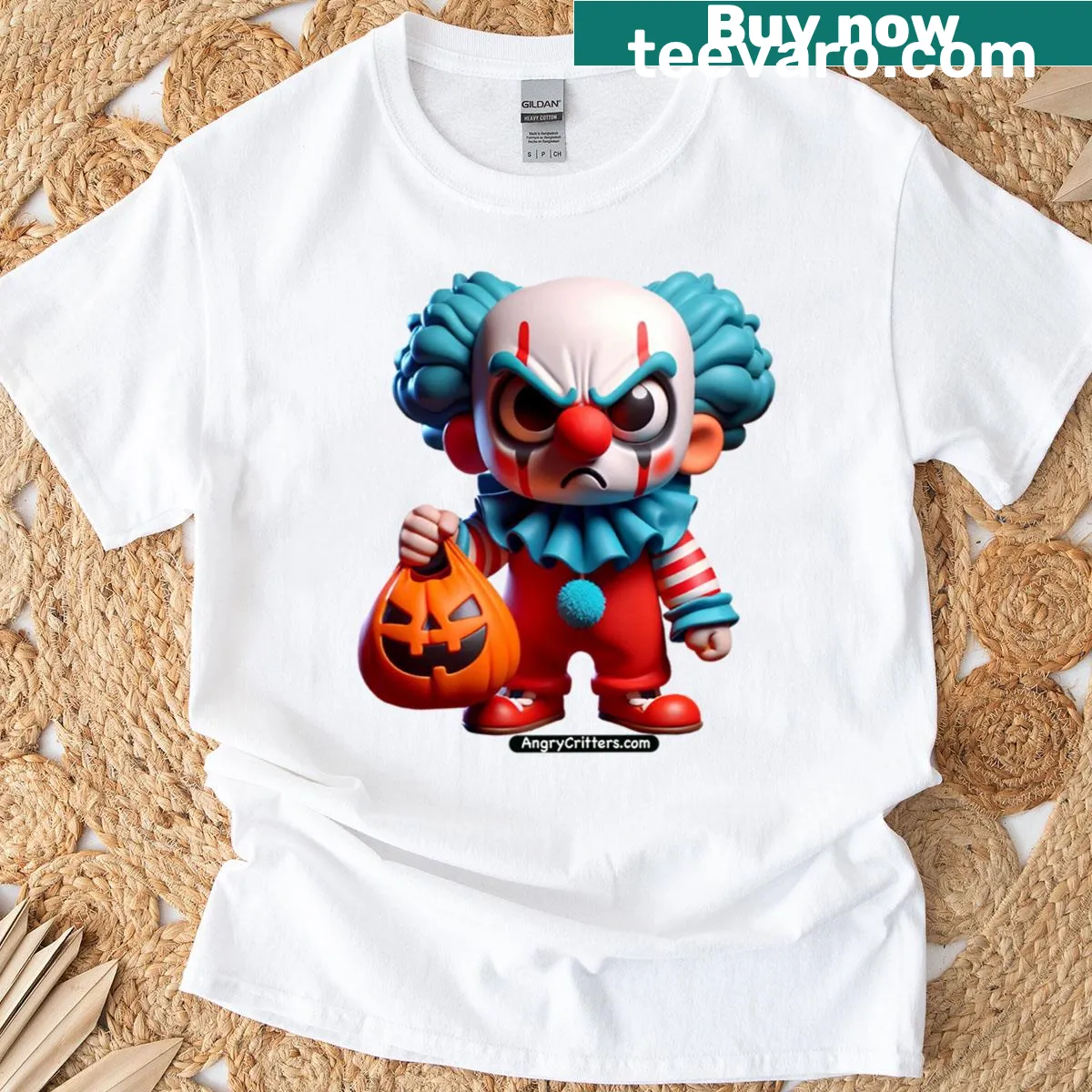 Angry clown graphic printed on Halloween-themed T-shirt — on a men's t-shirt