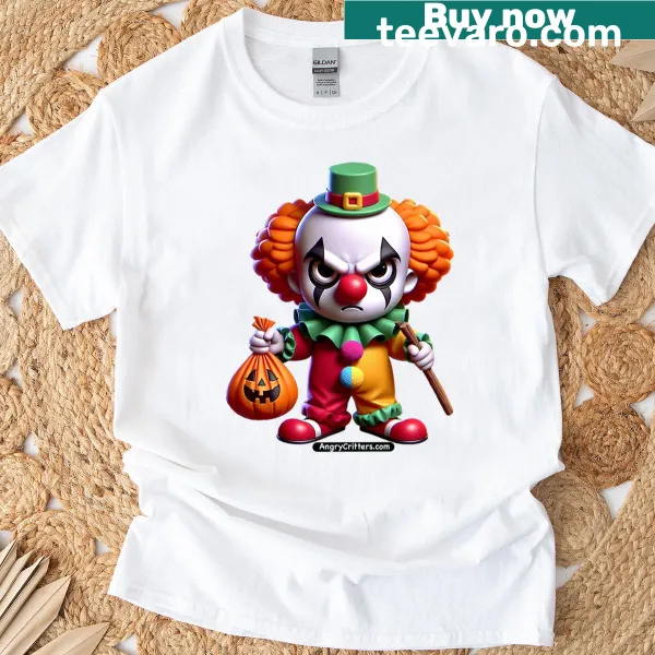 Illustrative T-shirt featuring an angry clown for Halloween.