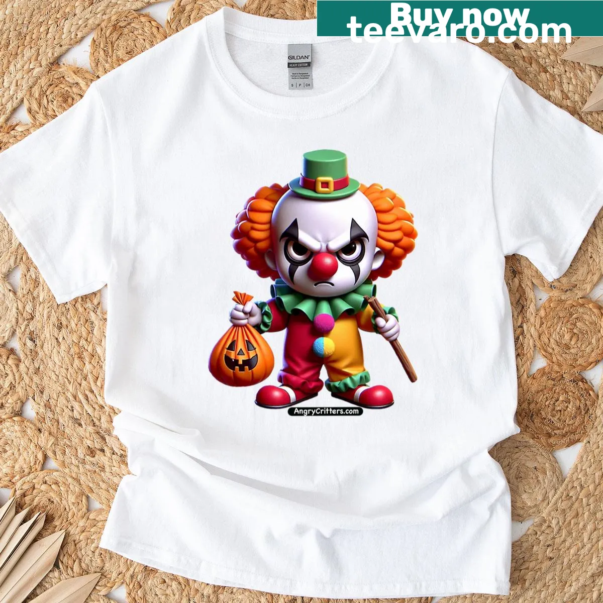 Illustrative T-shirt featuring an angry clown for Halloween. — on a men's t-shirt