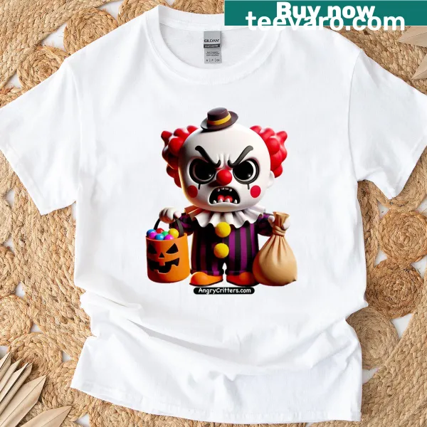 Halloween T-shirt featuring an angry clown graphic