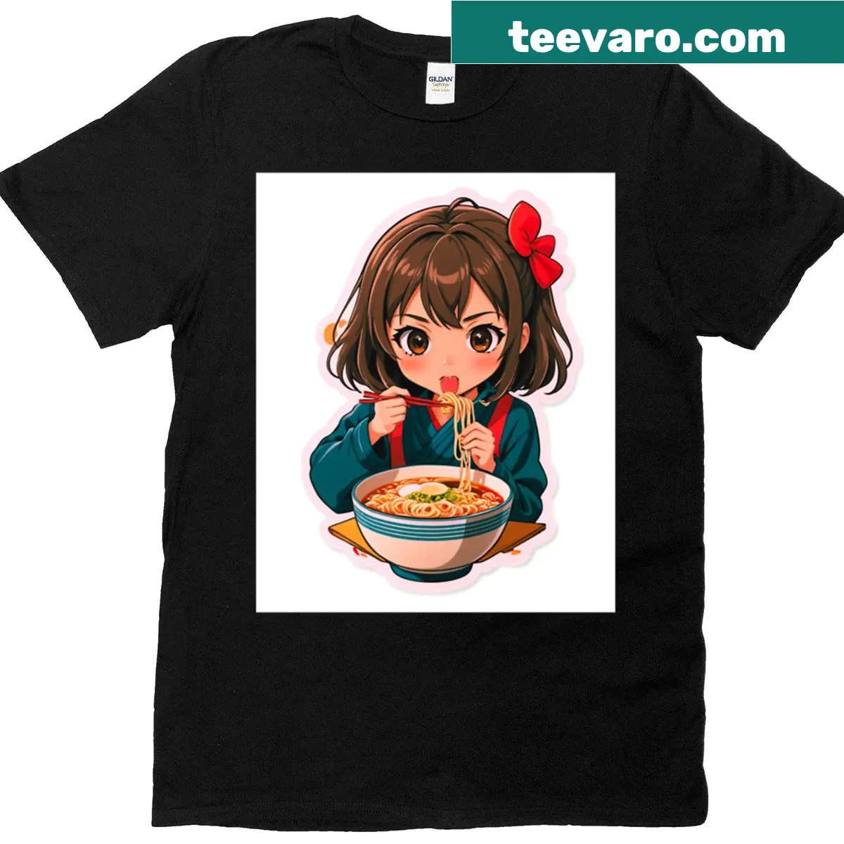 Anime girl illustration enjoying ramen on T-shirt — on a men's t-shirt