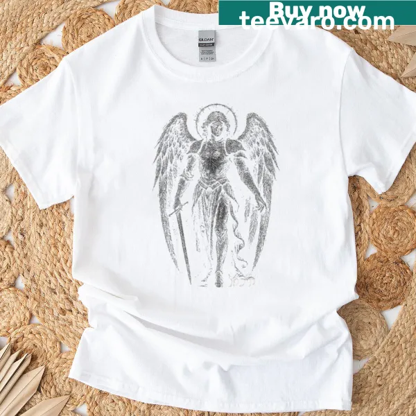 Gothic illustration of Archangel Michael on a protective t-shirt