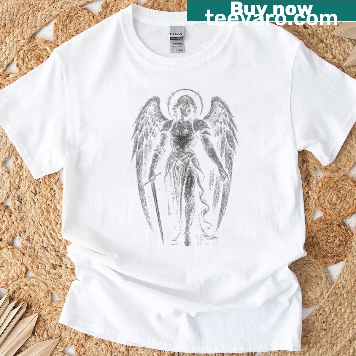 Gothic illustration of Archangel Michael on a protective t-shirt — on a men's t-shirt