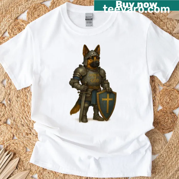 T-shirt featuring knight and German Shepherd in a faith-themed design