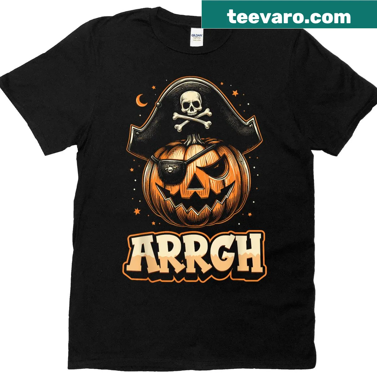 Halloween pirate t-shirt with a whimsical skull and eye patch design — on a men's t-shirt