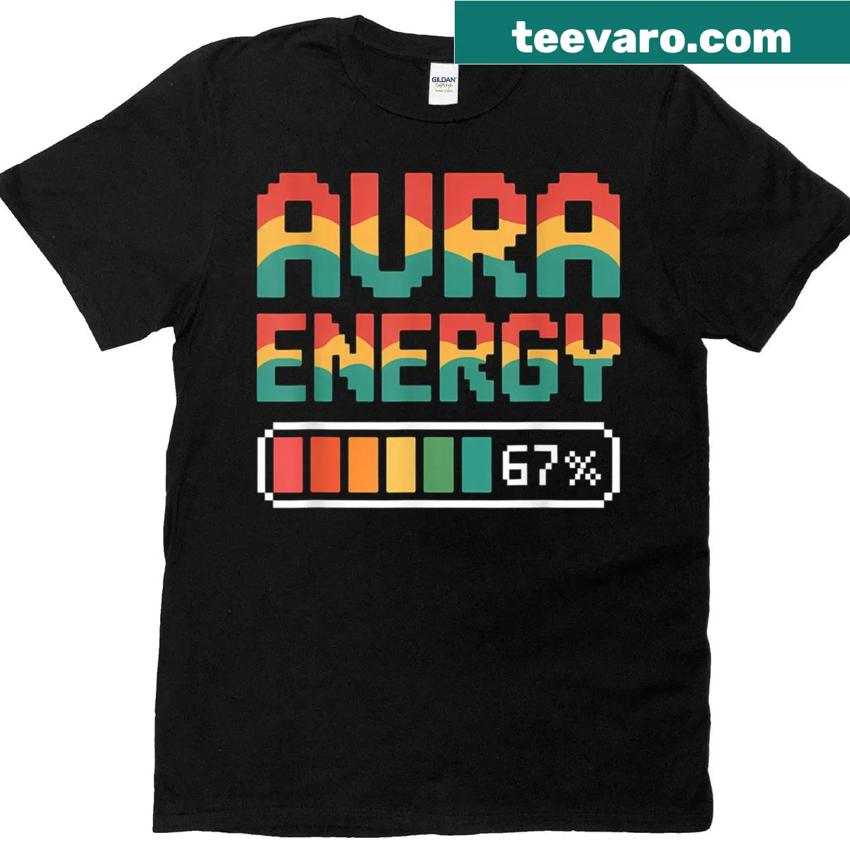 Playful Gen Alpha slang design on Aura Energy 67 t-shirt — on a men's t-shirt