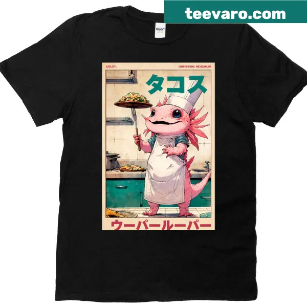 Retro-style t-shirt featuring axolotls enjoying tacos in a playful design