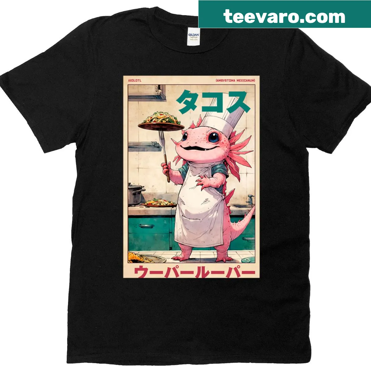 Retro-style t-shirt featuring axolotls enjoying tacos in a playful design — on a men's t-shirt