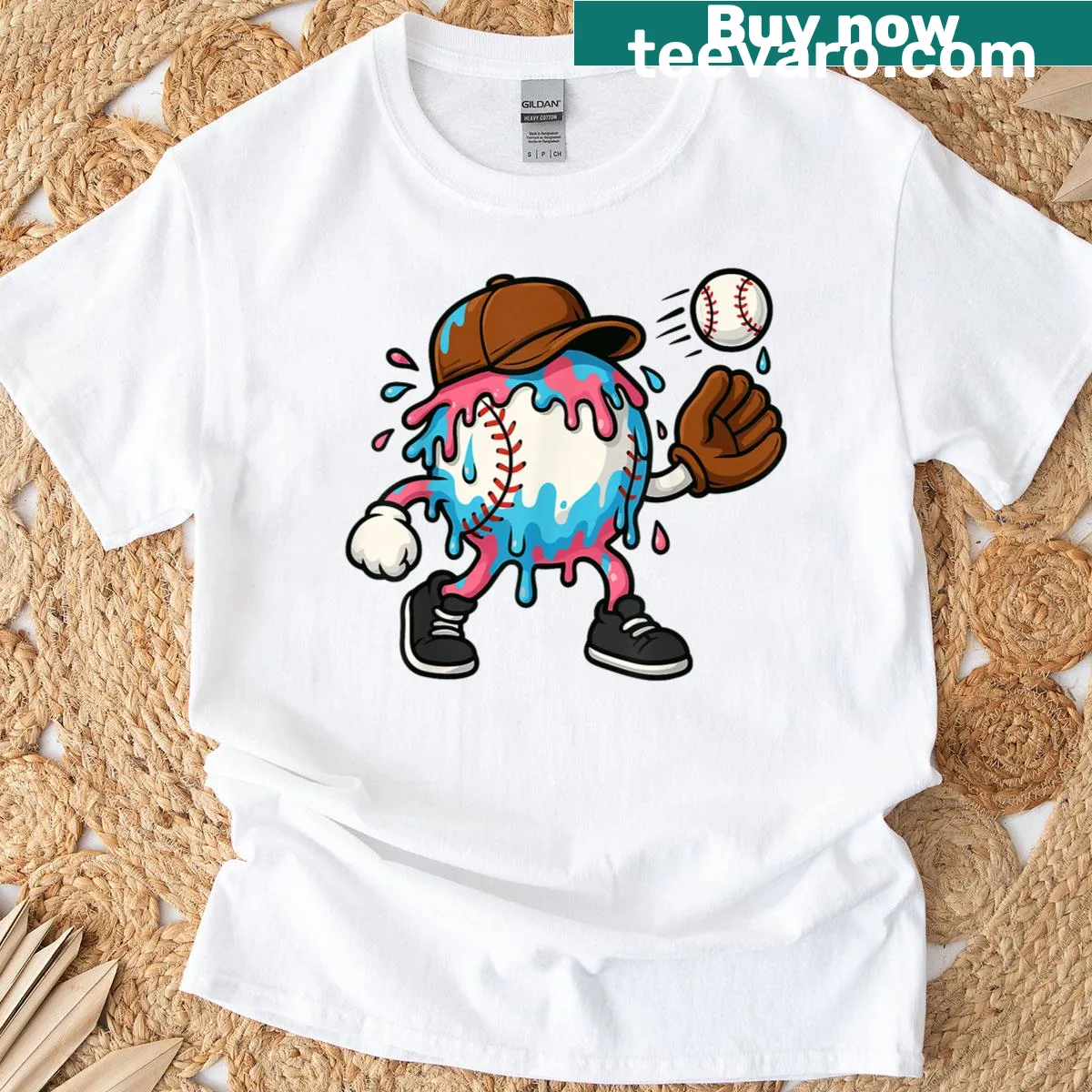 Kid's t-shirt with playful baseball and ice cream drip design — on a men's t-shirt