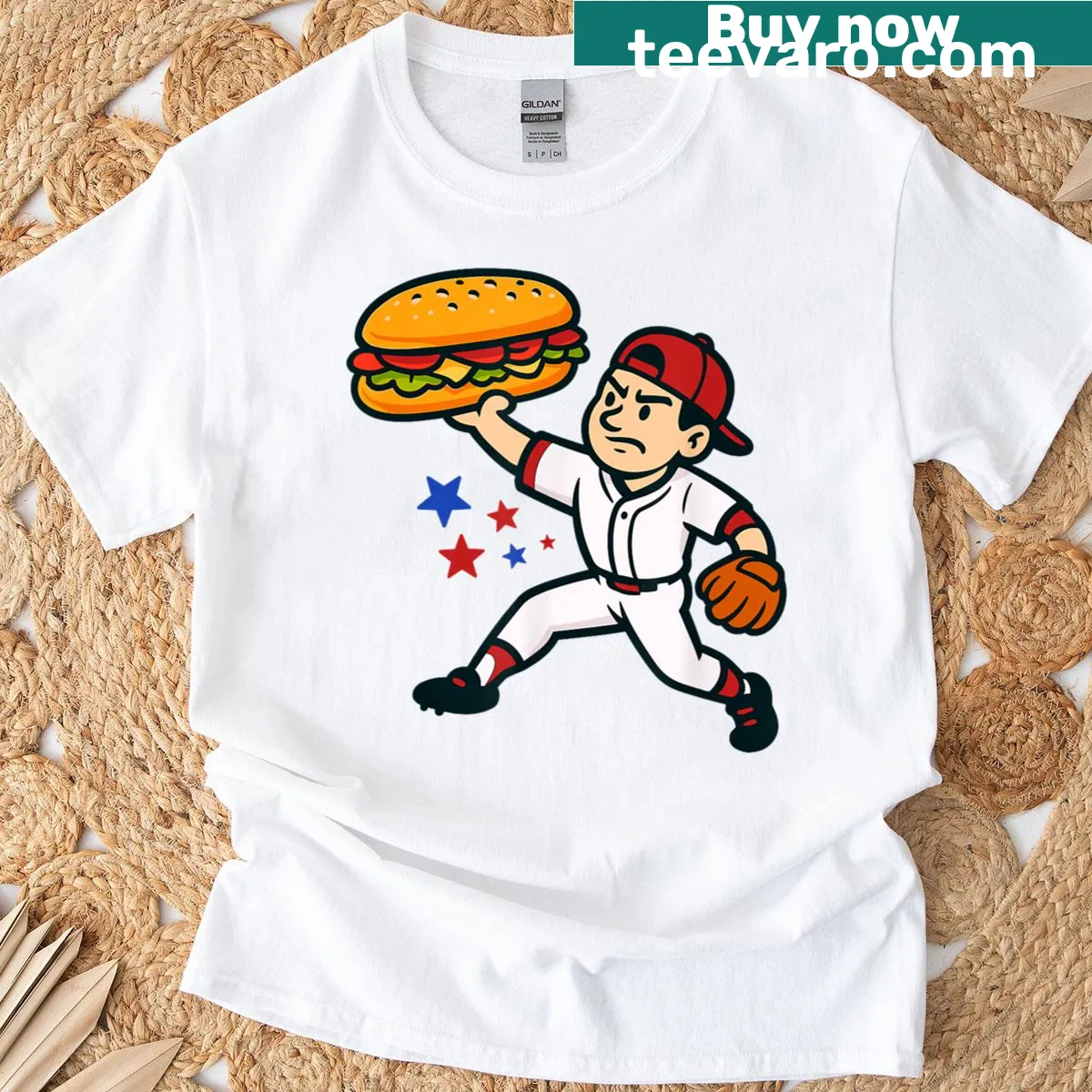 Funny baseball player throwing a sandwich graphic t-shirt — on a men's t-shirt