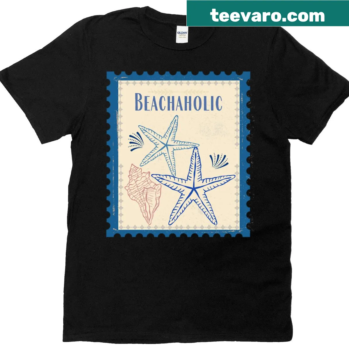 Cartoon starfish design with 'Beachaholic' text on a t-shirt — on a men's t-shirt