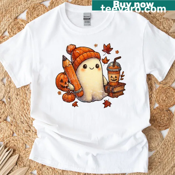 T-shirt with a beanie ghost and pumpkin spice cartoon design