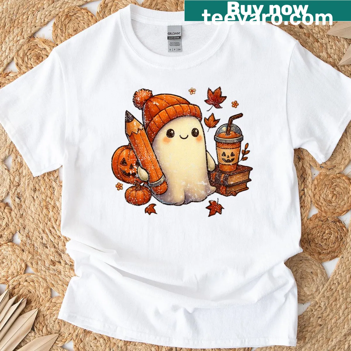 T-shirt with a beanie ghost and pumpkin spice cartoon design — on a men's t-shirt