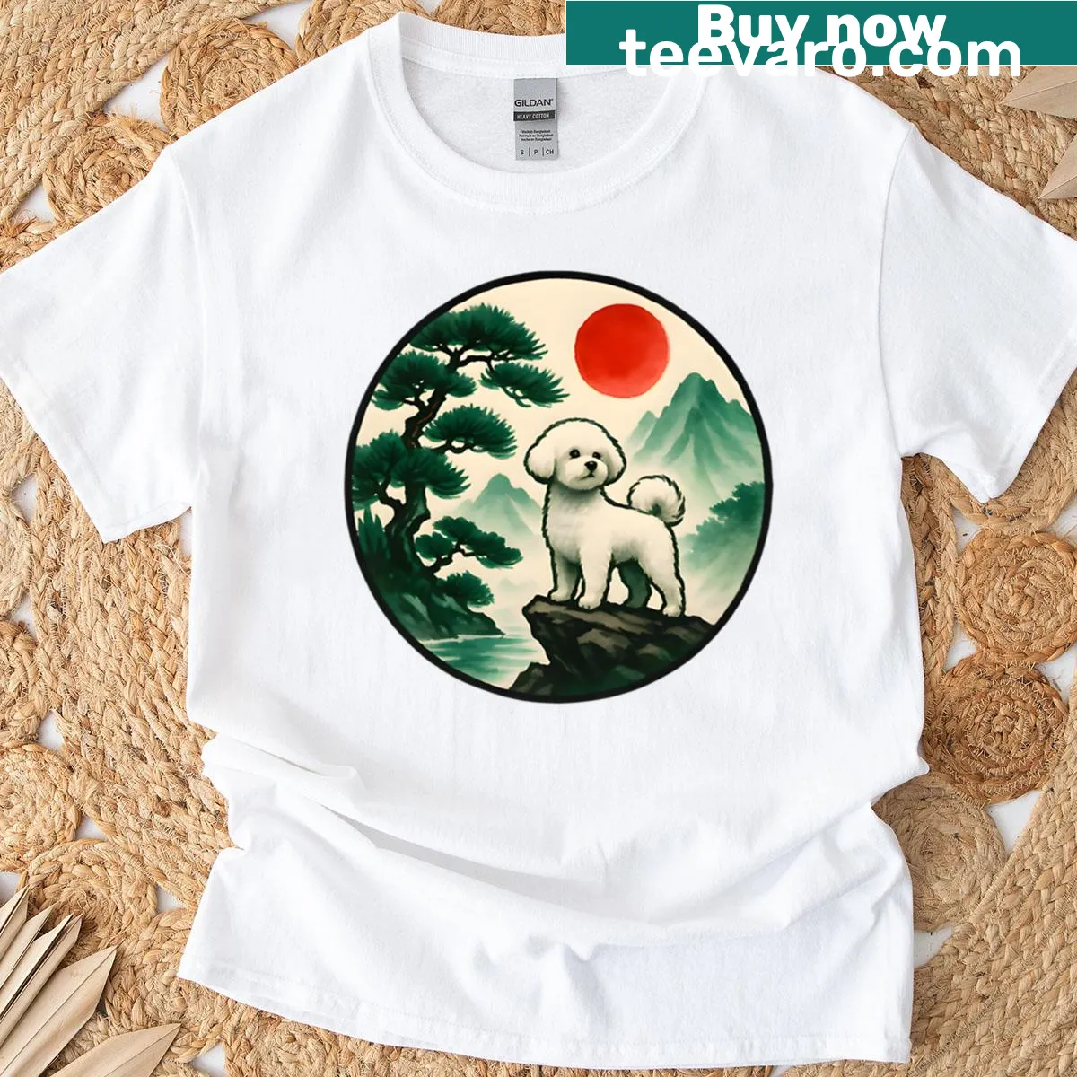 Bichon Frise with rising sun design on a t-shirt — on a men's t-shirt