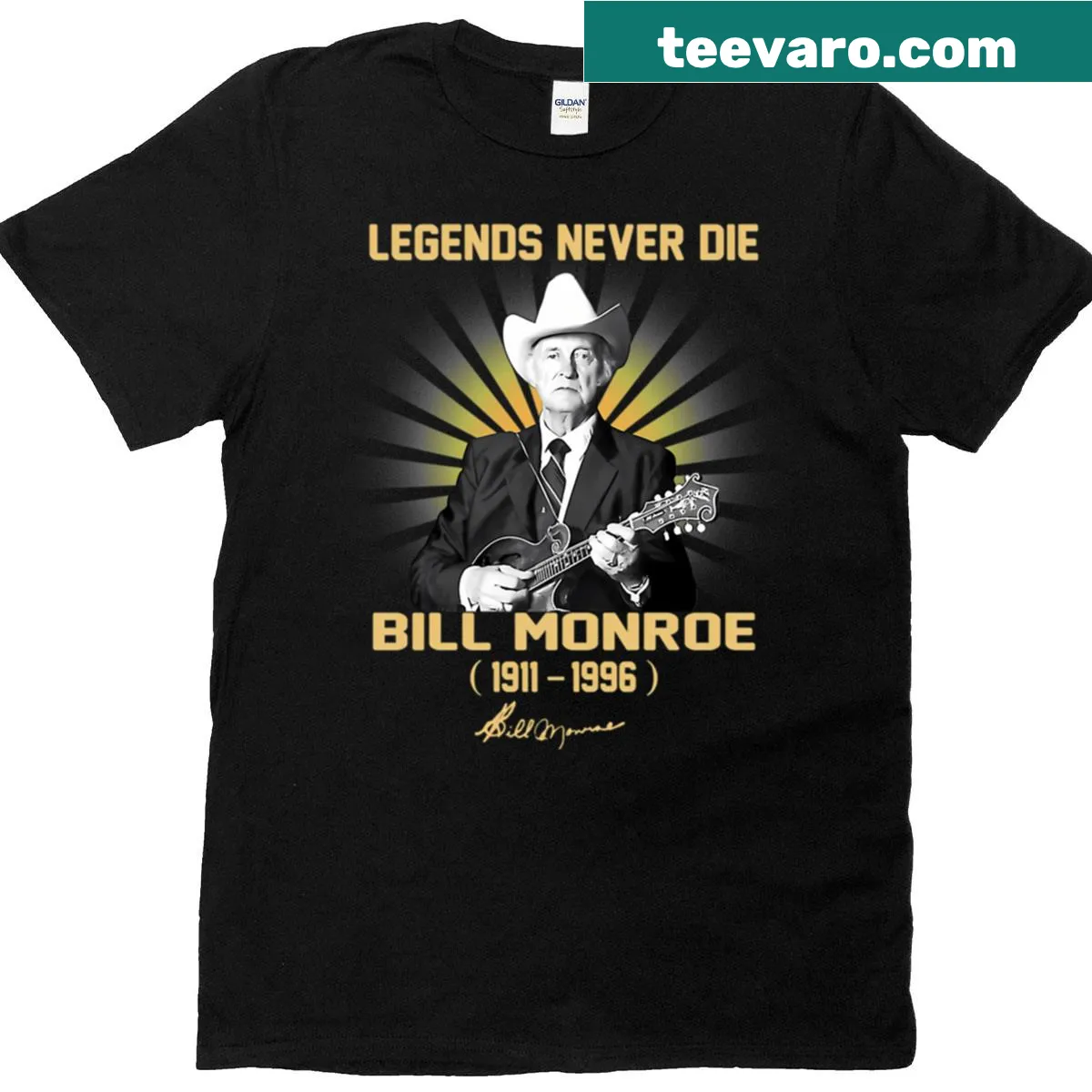 Tribute shirt to Bill Monroe with 'Legends Never Die' text — on a men's t-shirt