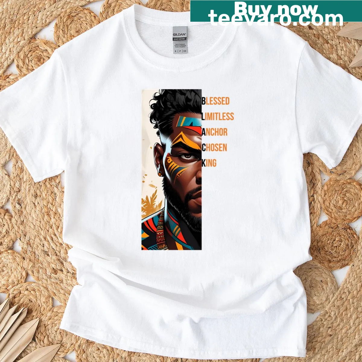 Empowering design featuring 'Black Acronym Blessed Limitless Anchor Chosen King' on a t-shirt. — on a men's t-shirt